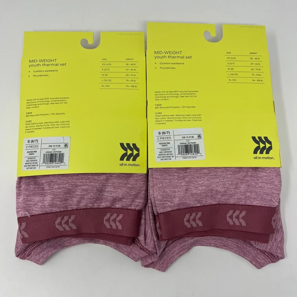 LOT of 2 All in Motion Mid-Weight Thermal Set Youth S 6/7 Heather Pink 2 pc NWT